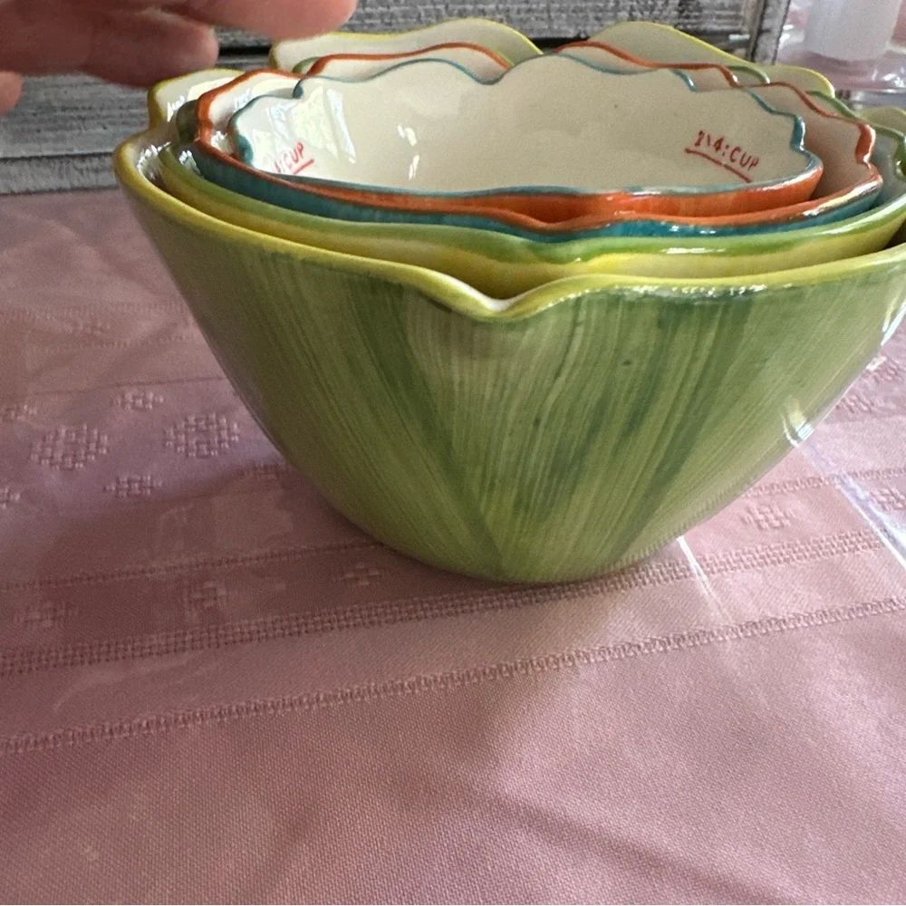 Pier 1 imports set of four measuring cups nesting, hand painted stoneware new